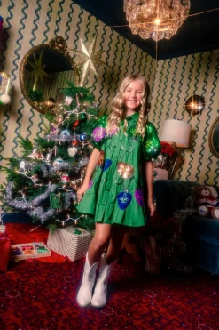 Kids Green Christmas Light Sequin Poof Sleeve Dress