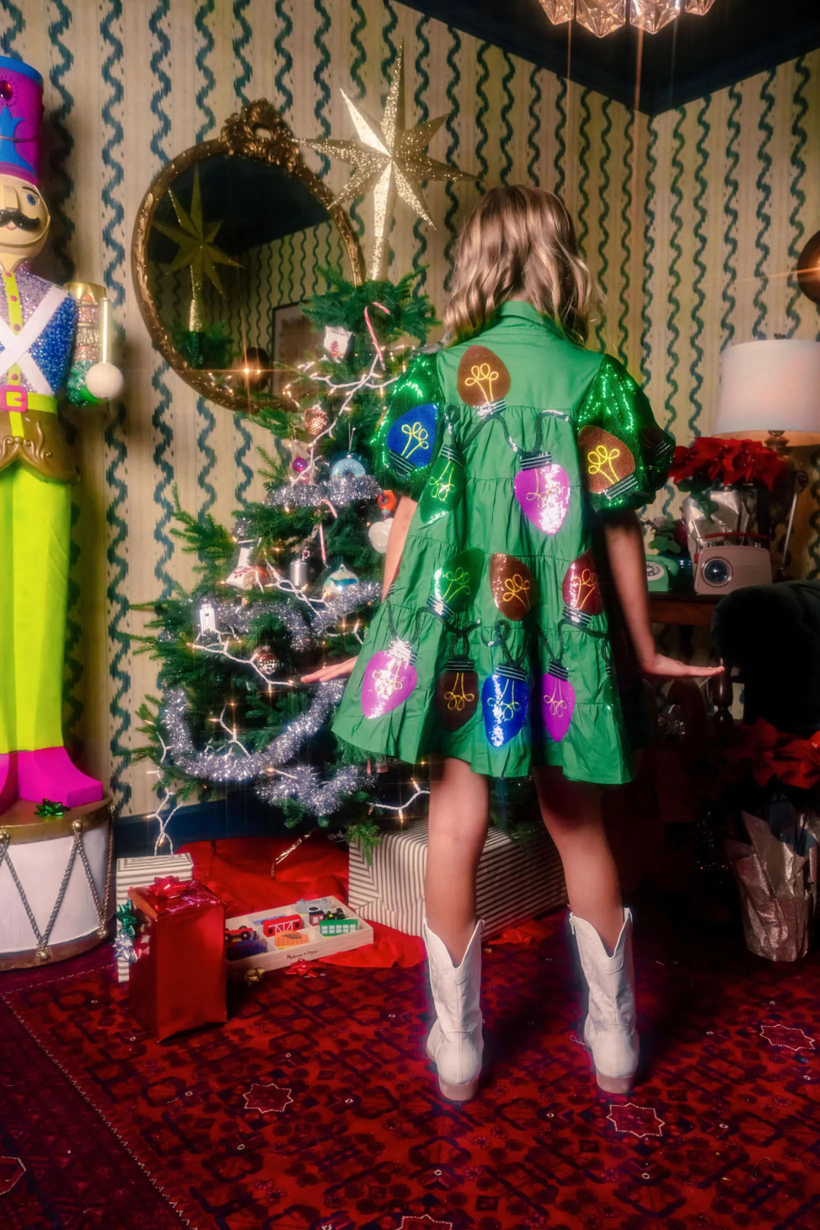 Kids Green Christmas Light Sequin Poof Sleeve Dress