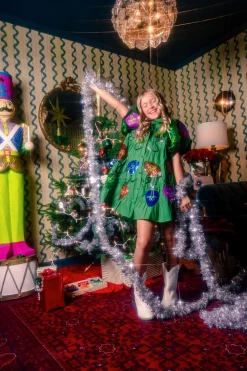 Kids Green Christmas Light Sequin Poof Sleeve Dress