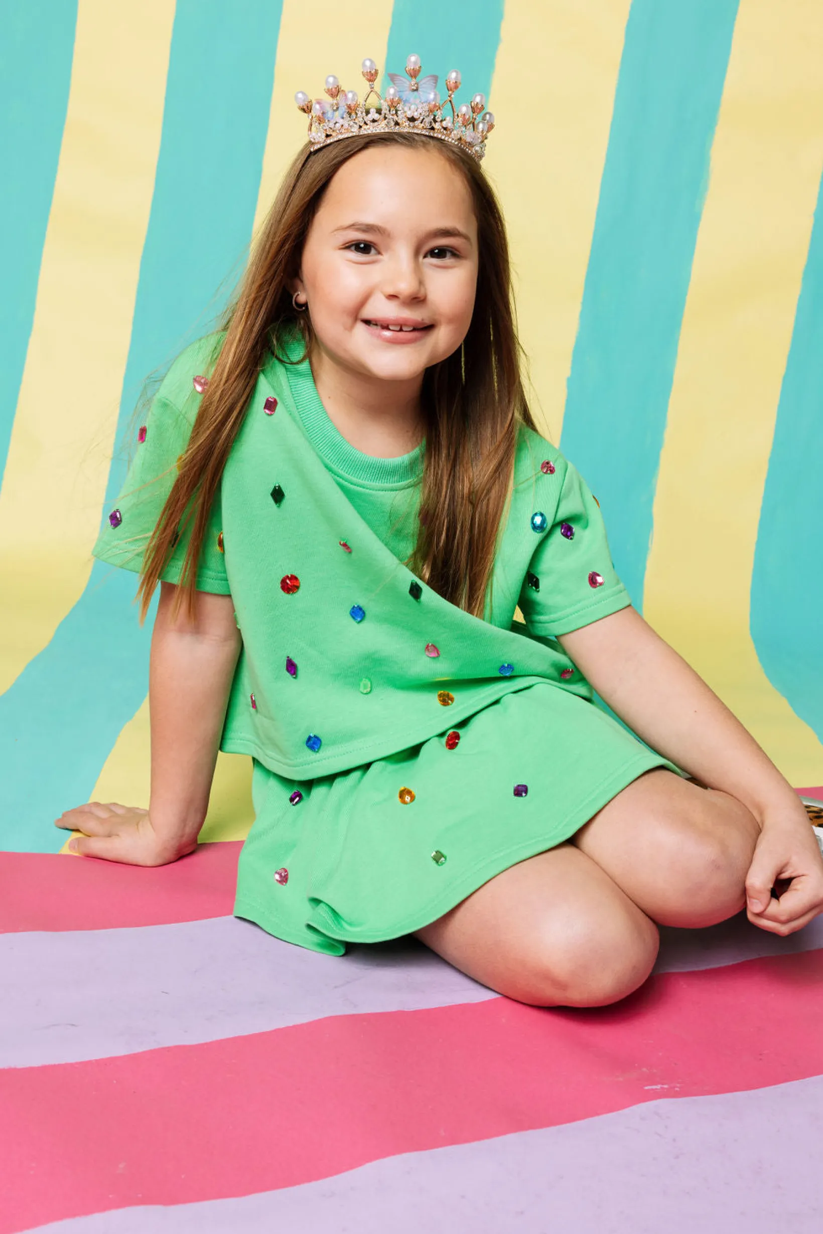 Kids Green Scattered Rhinestone Skort