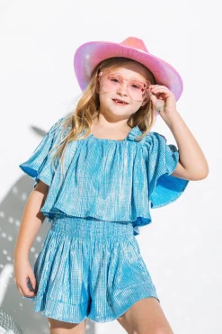 Kids Light Blue/Silver Ribbed Flutter Top