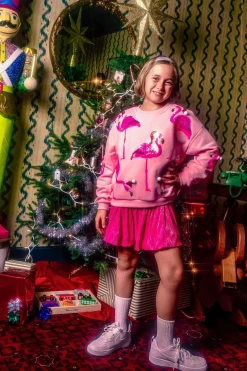 Kids Light Pink Flamingo In Santa Hats Sweatshirt