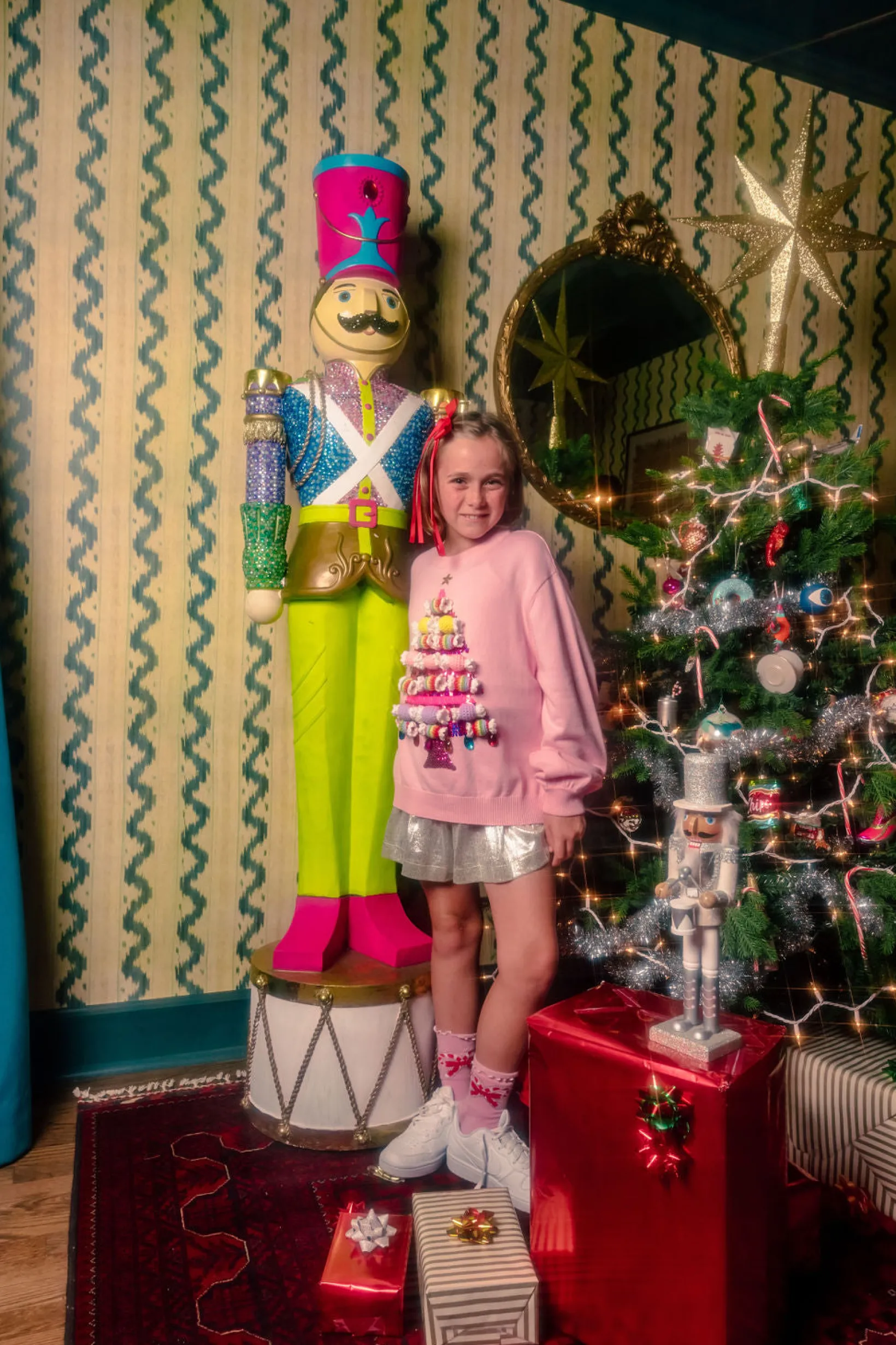 Kids Light Pink Knit Bon Bons Christmas Tree Sweater