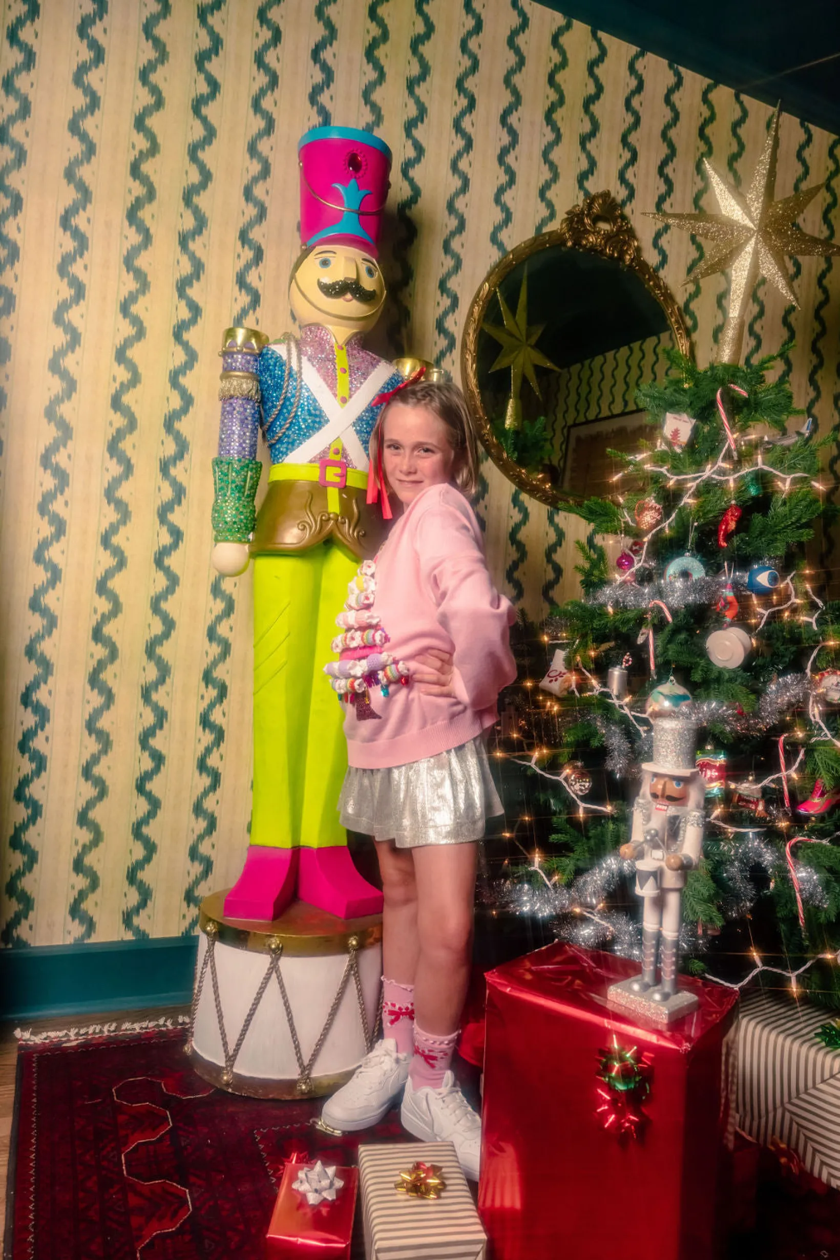 Kids Light Pink Knit Bon Bons Christmas Tree Sweater