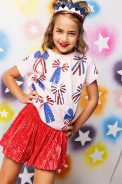 Kids Light Pink, Red, White, & Blue Scattered Bow Tee