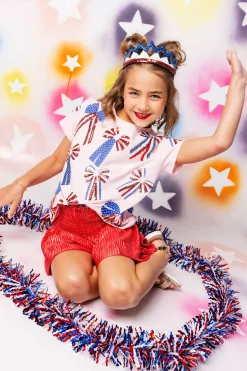 Kids Light Pink, Red, White, & Blue Scattered Bow Tee