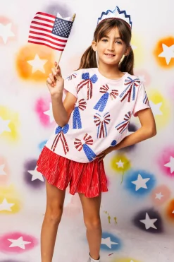 Kids Light Pink, Red, White, & Blue Scattered Bow Tee