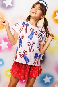 Kids Light Pink, Red, White, & Blue Scattered Bow Tee