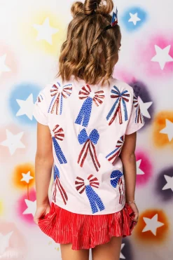 Kids Light Pink, Red, White, & Blue Scattered Bow Tee