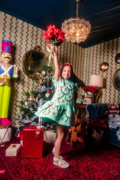 Kids Mint Green Gingerbread Men & Bows Dress