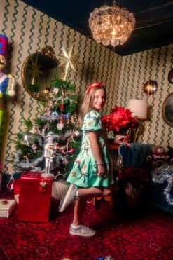 Kids Mint Green Gingerbread Men & Bows Dress