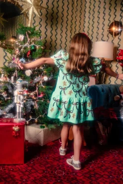 Kids Mint Green Gingerbread Men & Bows Dress