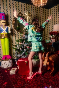 Kids Mint Green Shorts With Velvet Reindeer & Bows