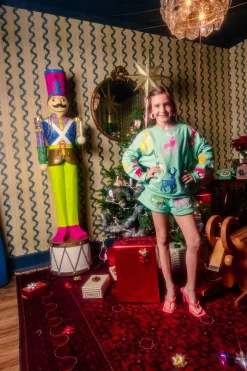 Kids Mint Green Sweatshirt With Velvet Reindeer & Bows