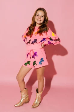 Kids Neon Pink Horse All Over Short