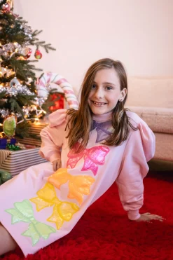 Kids Pale Pink Multi Metallic Bow Sweatshirt Dress