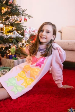 Kids Pale Pink Multi Metallic Bow Sweatshirt Dress