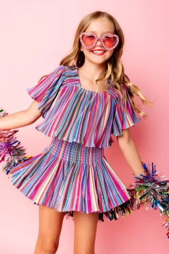 Kids Red Rainbow Stripe Flutter Top