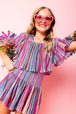 Kids Red Rainbow Stripe Flutter Top