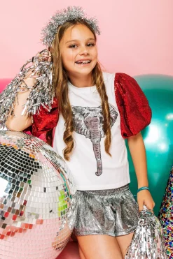 Kids Red Sequin Poof Sleeve Elephant Tee