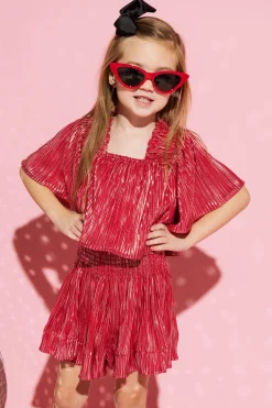 Kids Red/Silver Pleat Flutter Top