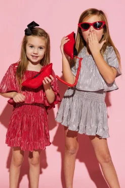 Kids Red/Silver Pleat Flutter Top