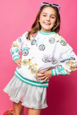 Kids White Bike Sweatshirt with Aqua Sport Stripe