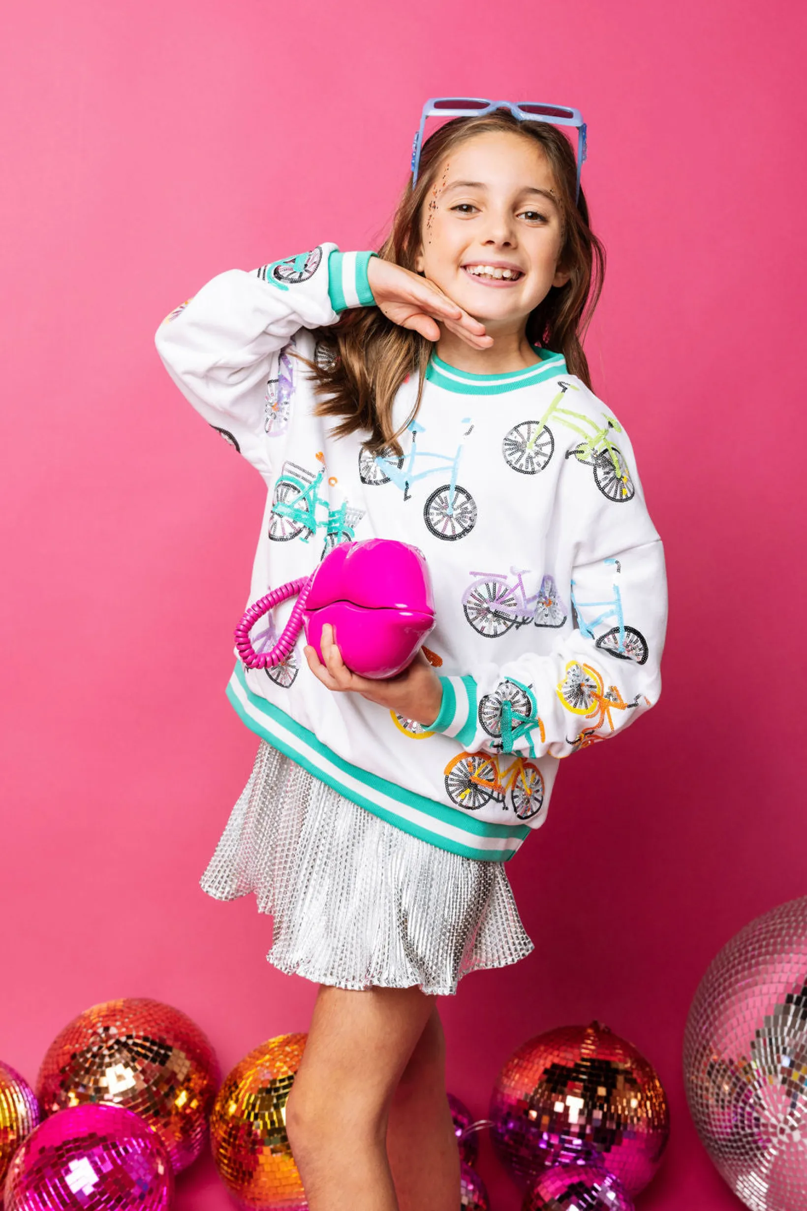 Kids White Bike Sweatshirt with Aqua Sport Stripe