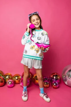 Kids White Bike Sweatshirt with Aqua Sport Stripe