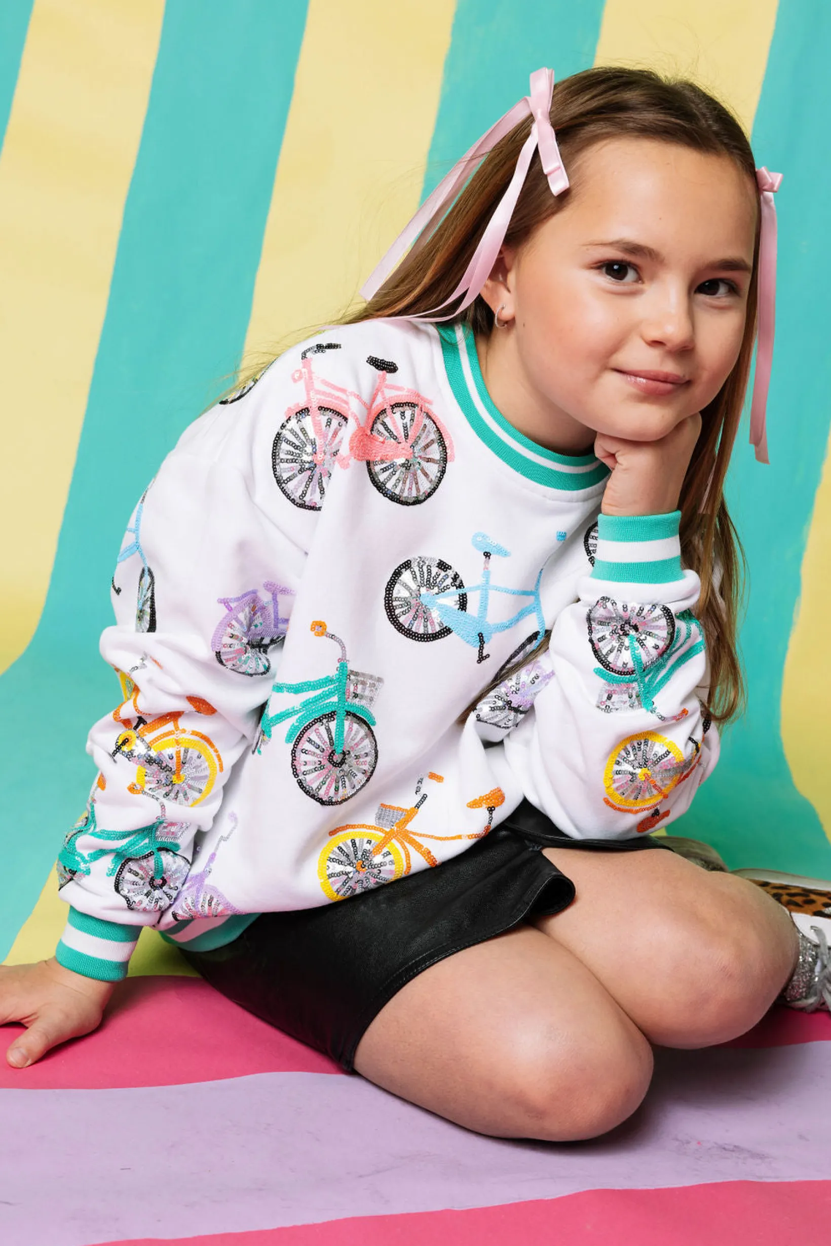 Kids White Bike Sweatshirt with Aqua Sport Stripe