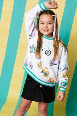 Kids White Bike Sweatshirt with Aqua Sport Stripe