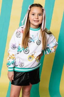 Kids White Bike Sweatshirt with Aqua Sport Stripe