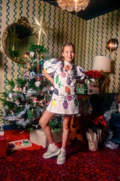 Kids White Christmas Lights Tee With Poof Sequin Sleeve Dress