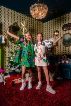 Kids White Christmas Lights Tee With Poof Sequin Sleeve Dress