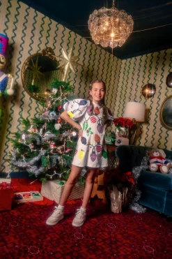 Kids White Christmas Lights Tee With Poof Sequin Sleeve Dress