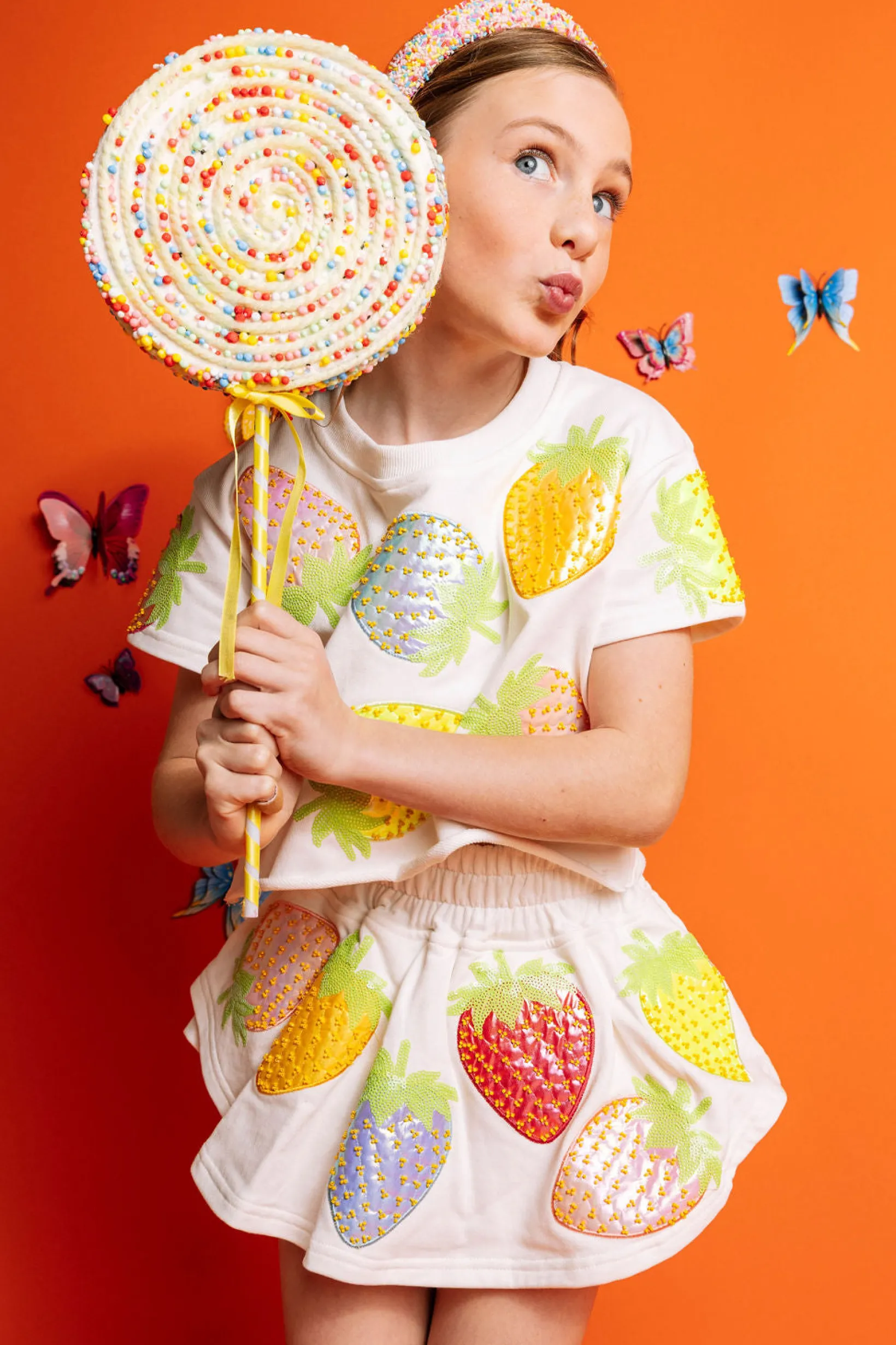 Kids White Metallic Strawberry Skort