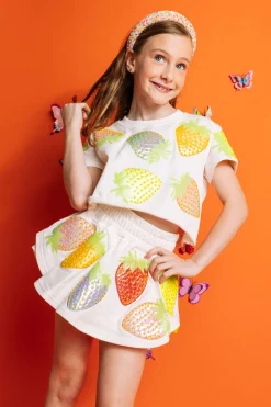 Kids White Metallic Strawberry Skort
