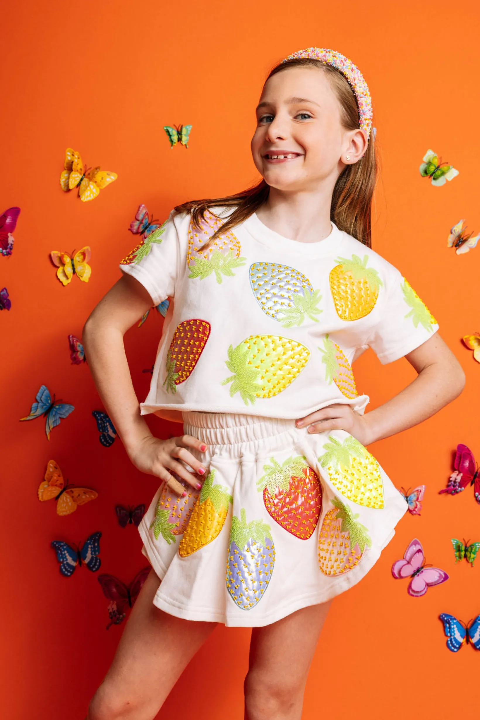 Kids White Metallic Strawberry Skort