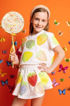 Kids White Metallic Strawberry Top
