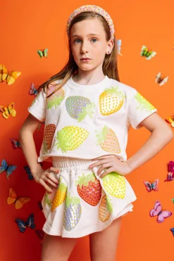 Kids White Metallic Strawberry Top