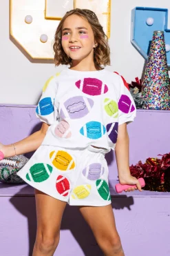 Kids White Multi Fuzzy Football Shorts