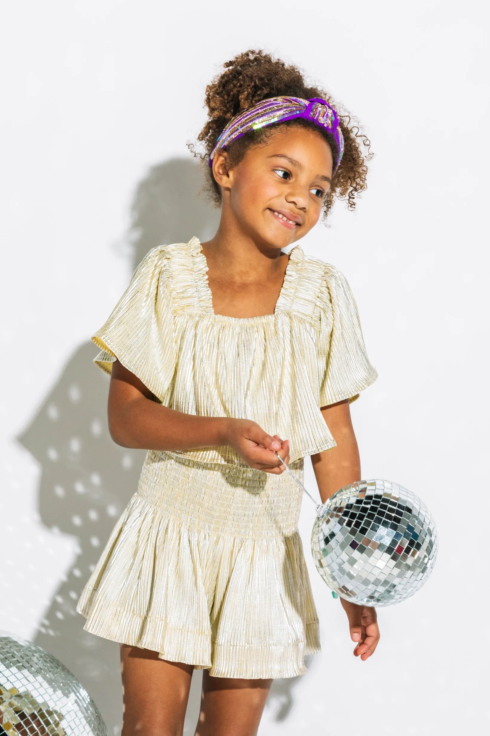 Kids Yellow/Silver Ribbed Flutter Top