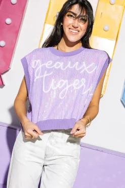 Lavender 'Geaux Tigers' Full Sequin Sweater Vest - Licensed