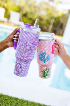 Lavender Outlined Hibiscus Rhinestone Tumbler