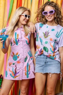 Lavender Scattered Cactus Button Up Dress