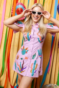 Lavender Scattered Cactus Button Up Dress