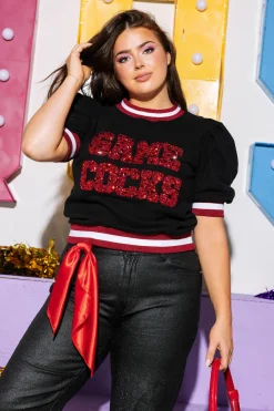 Licensed Black & Red Poof Sleeve 'Game Cocks' Short Sleeve Top
