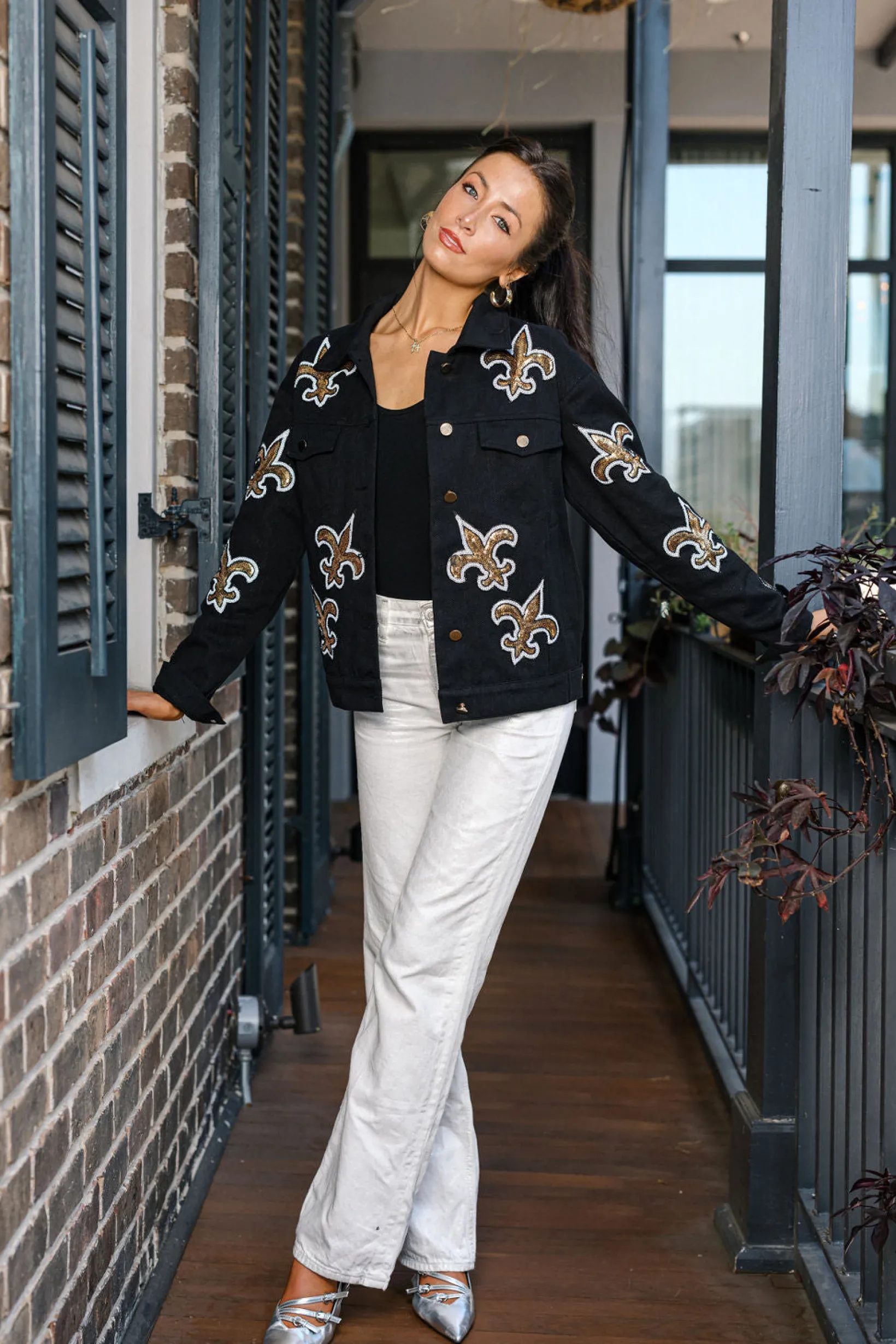 Licensed Black Scattered Fleur De Lis Denim Jacket