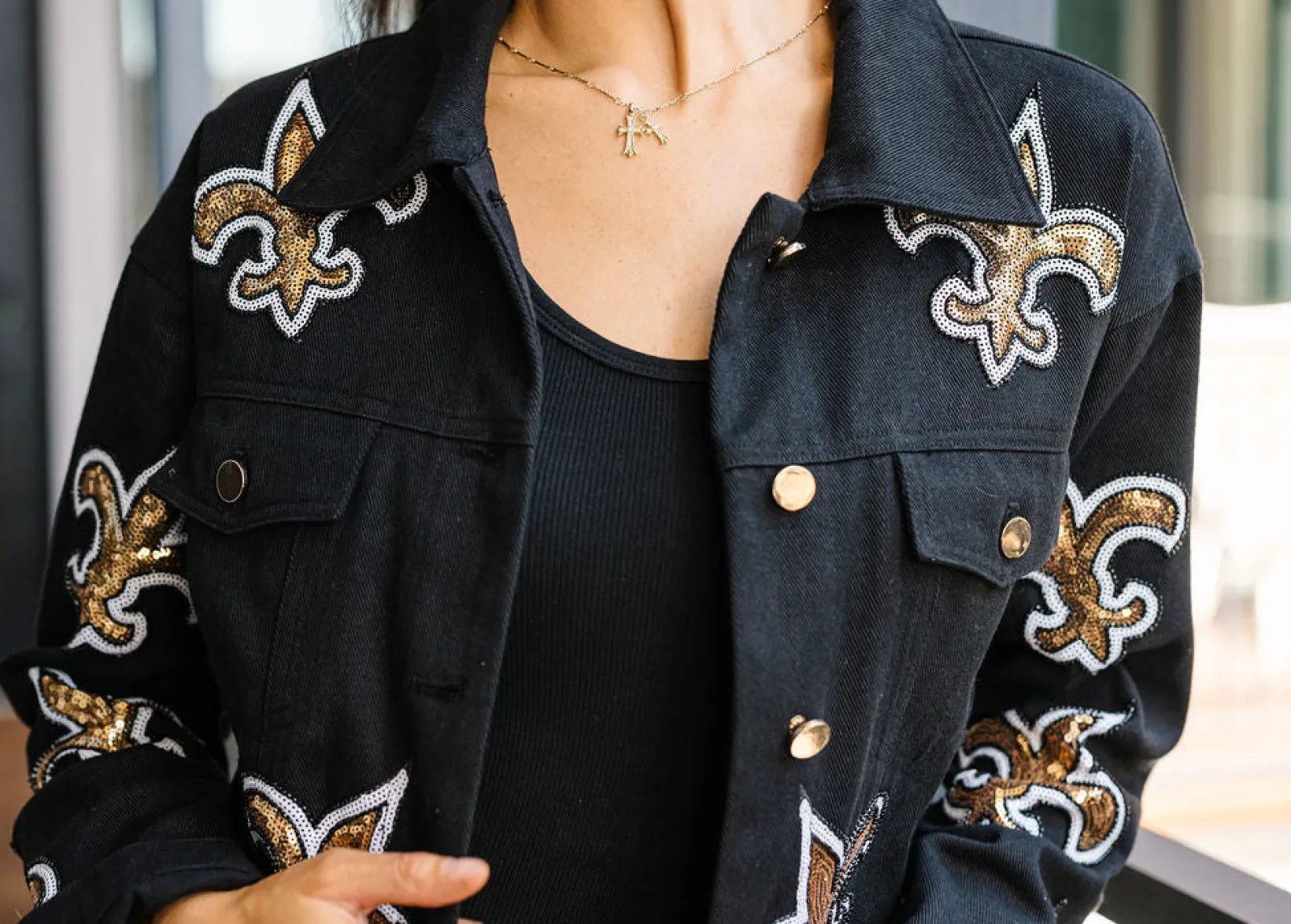 Licensed Black Scattered Fleur De Lis Denim Jacket