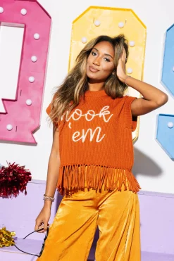Licensed- Burnt Orange & 'Hook Em' Fringe Sweater Vest